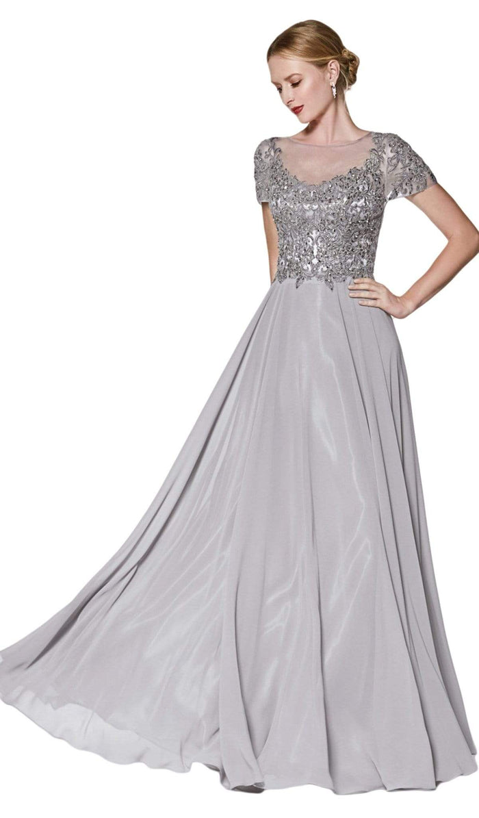 Cinderella Divine - CD0139 Short Sleeve Appliqued Illusion A-Line Gown Special Occasion Dress XS / Gray