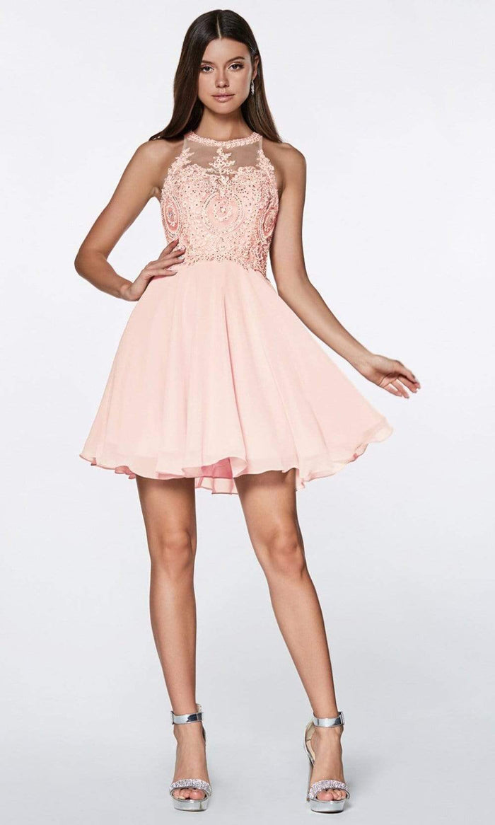 Cinderella Divine - CD0141 Beaded Lace Halter Neck Chiffon Cocktail Dress - 1 pc Blush In Size XS and 1 pc Champagne In Size M Available CCSALE XS / Blush