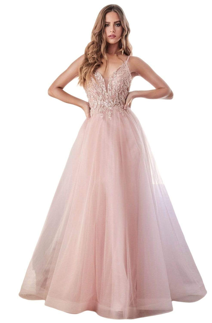 Cinderella Divine - CD0154 Plunging Beaded Appliqued Tulle Dress Prom Dresses XXS / Blush