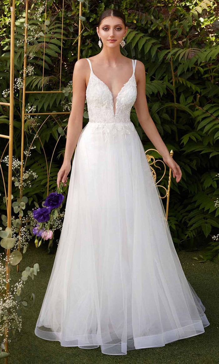 Cinderella Divine - CD0154W Appliqued Deep V-Neck Layered Tulle Dress Wedding Dresses XXS / Off White