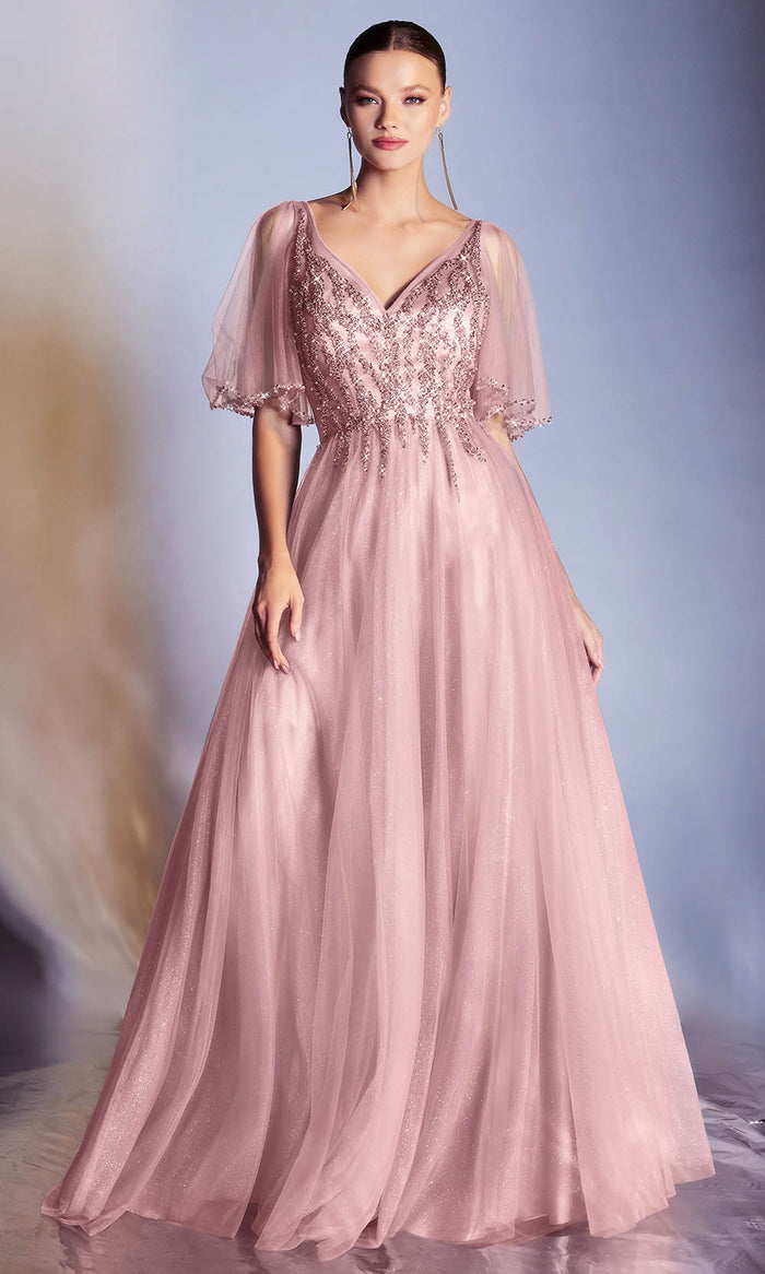 Cinderella Divine - CD0175 Embellished V neck A-line Gown Prom Dresses XXS / Rose Gold