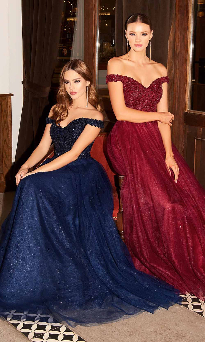 Cinderella Divine - CD0177 Metallic Lace Appliqued Glitter Tulle Gown Prom Dresses XXS / Burgundy