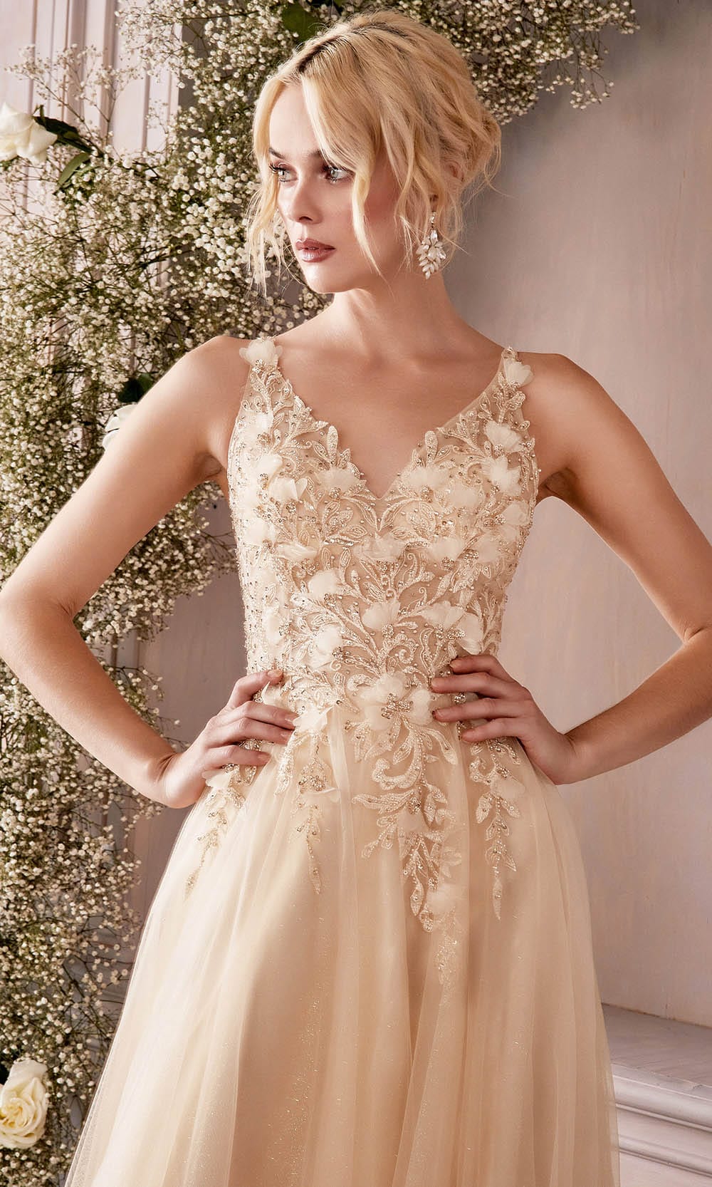Cinderella Divine CD0181 - Floral Applique Prom Dress - S / Champagne Cinderella Divine CD0181 - Floral Applique Prom Dress - S / Champagne