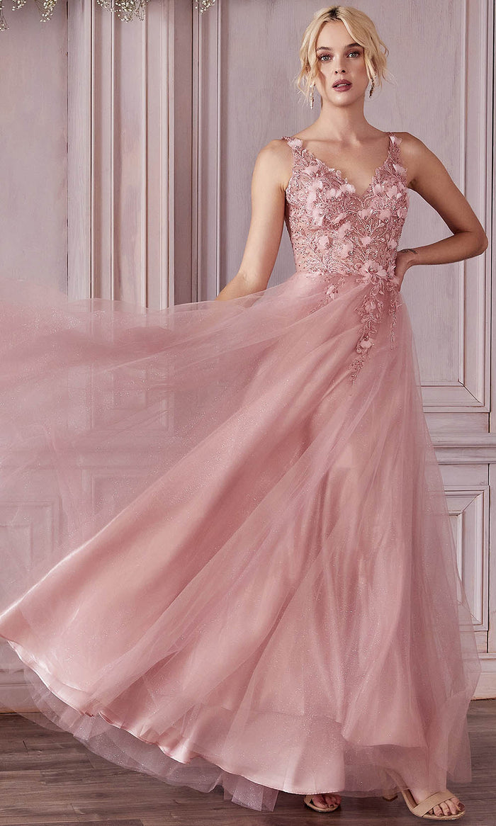 Cinderella Divine CD0181 - Floral Applique Prom Dress Special Occasion Dress XXS / Blush