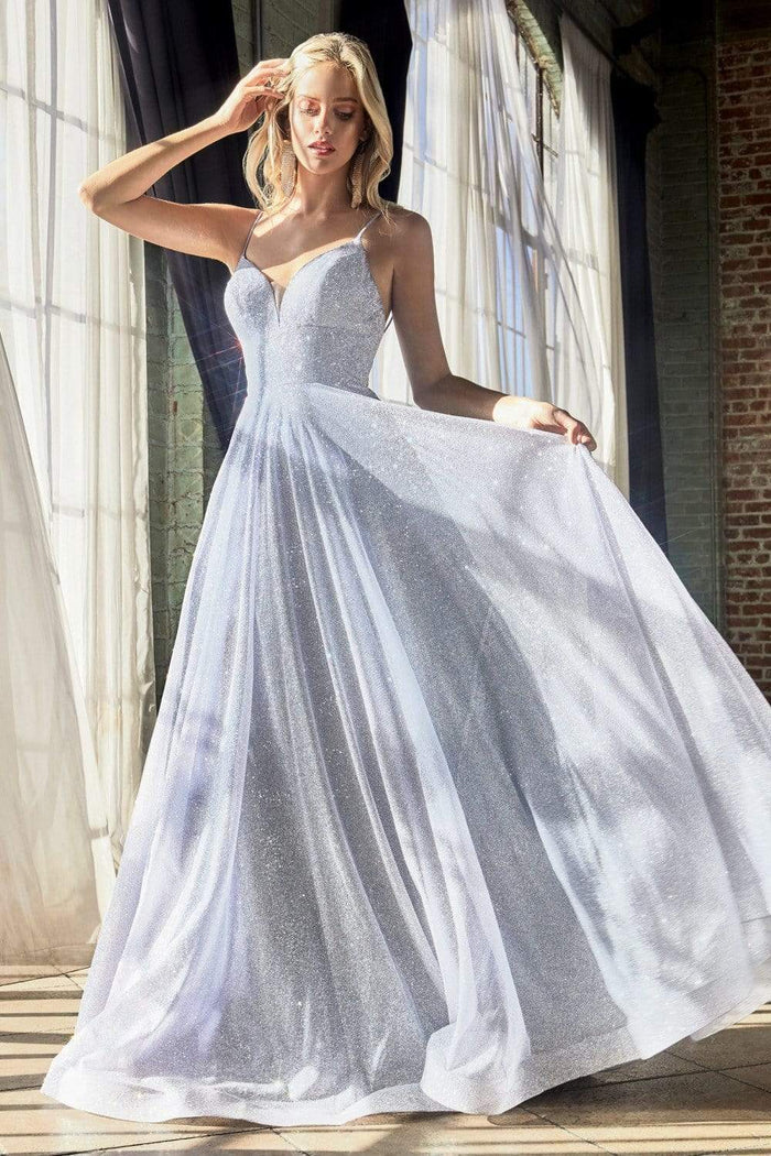 Cinderella Divine - CD205 Plunging V-neck Glitter A-line Dress Prom Dresses 2 / Blue