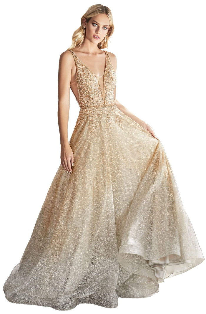 Cinderella Divine - CD208 Ombre Glitter Plunging V-Neck Gown Prom Dresses 2 / Gold-Silver