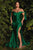 Cinderella Divine - CD943C Bow Accented Draped High Slit Gown Bridesmaid Dresses 16 / Emerald