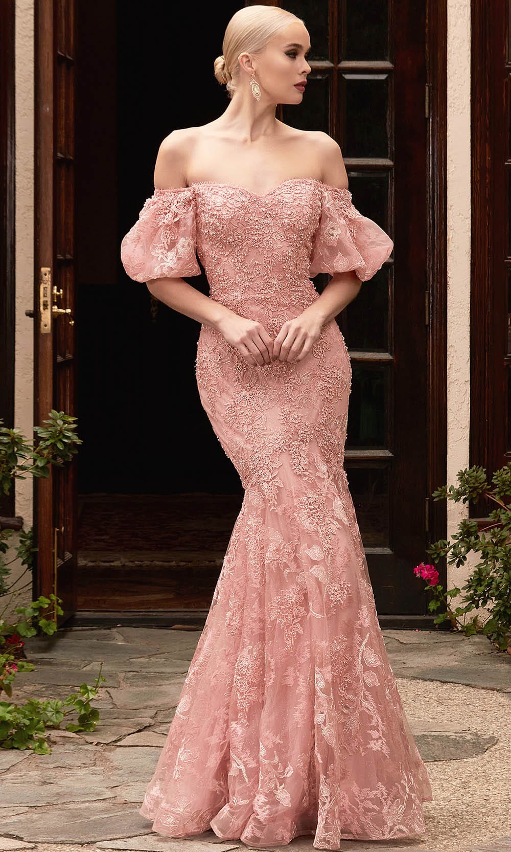 Embroidered Georgette Flared Gown in Peach : TCH298
