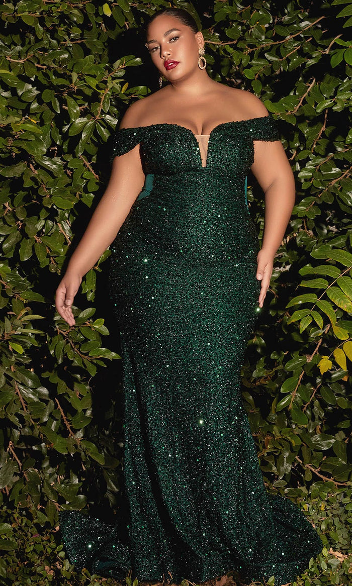Cinderella Divine CD229 One-of-A-Kind High Low Sequin Formal Gown with Feathers