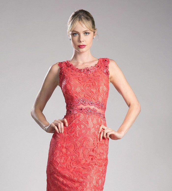 Cinderella Divine - CF067L Floral Lace Mock Two-Piece Sheath Long Formal Dress Special Occasion Dress XS / Coral