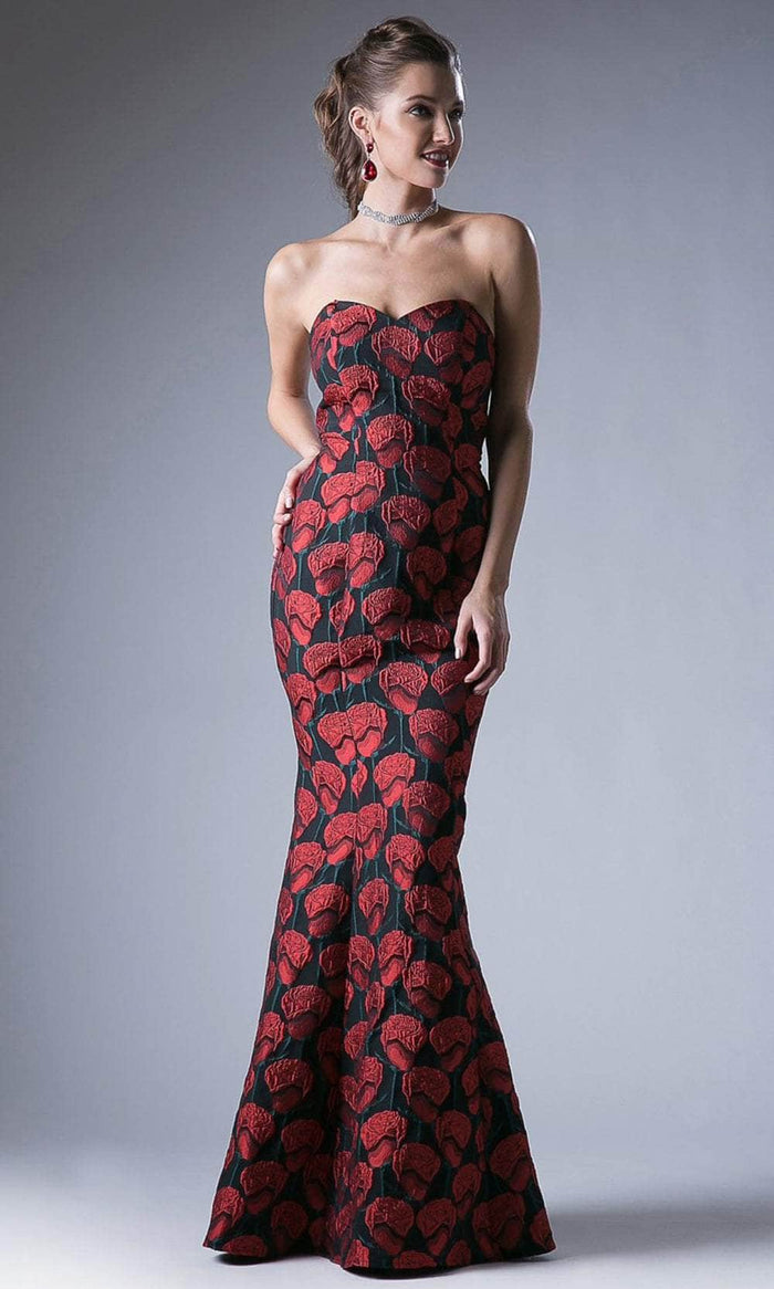 Cinderella Divine CF155 - Printed Strapless Evening Gown In Red/Black