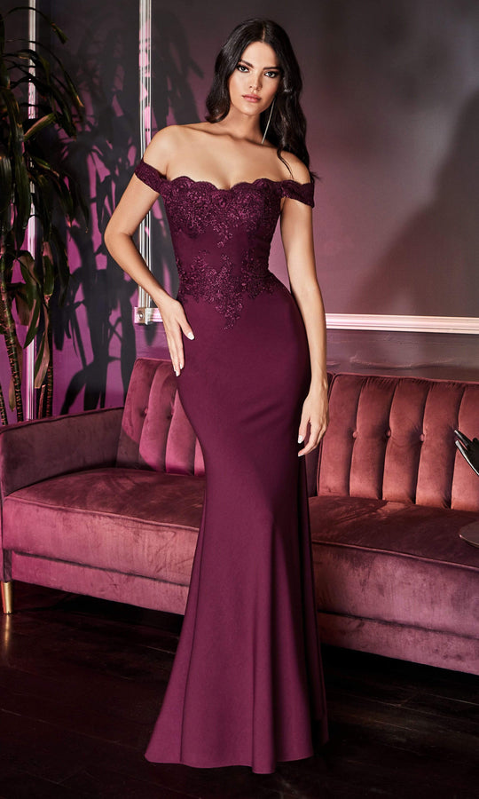 Cinderella Divine - CF158 Off Shoulder Stretch Crepe Satin Gown