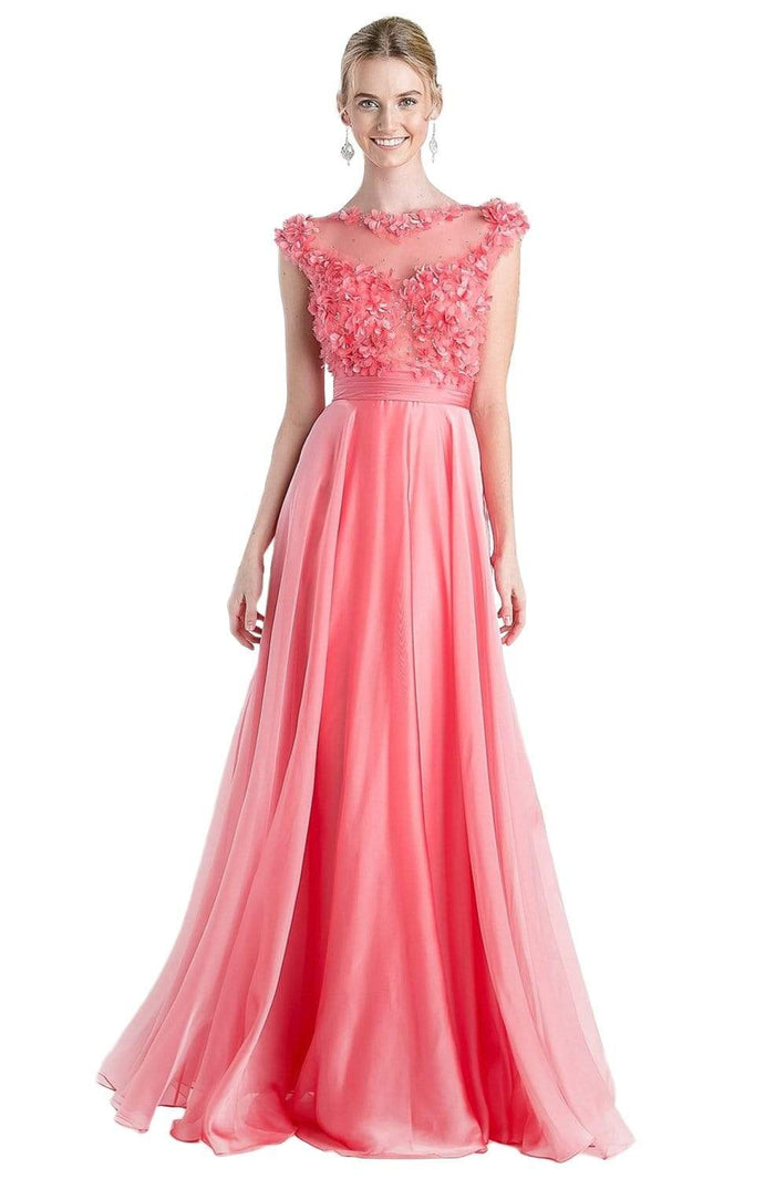 Cinderella Divine - CJ218 Applique Bateau Chiffon A-line Dress Bridesmaid Dresses 2 / Coral