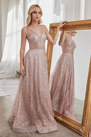 Cinderella Divine - CJ256 V-Neck Glitter Print A-Line Prom Gown