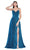 Cinderella Divine - CJ534 Long Pleated Metallic High Slit Dress Bridesmaid Dresses 2 / Teal