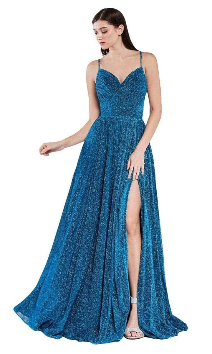 Cinderella Divine - CJ534 Long Pleated Metallic High Slit Dress ...