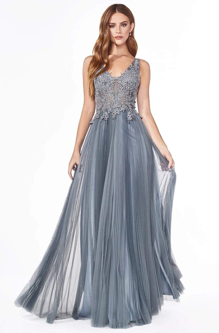 Cinderella Divine - CJ536 Lace Appliqued A-Line Evening Dress Evening Dresses 2 / Dusty Blue