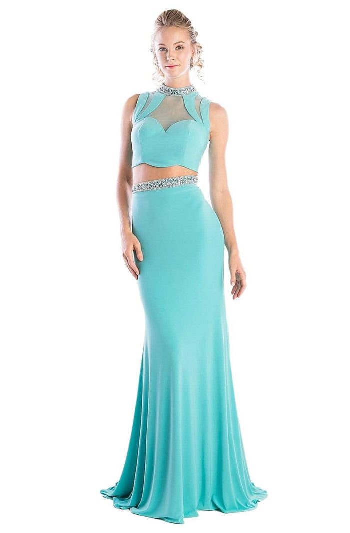 Cinderella Divine - CK20 Embellished Two Piece High Neck Trumpet Dress Prom Dresses 2 / Aqua