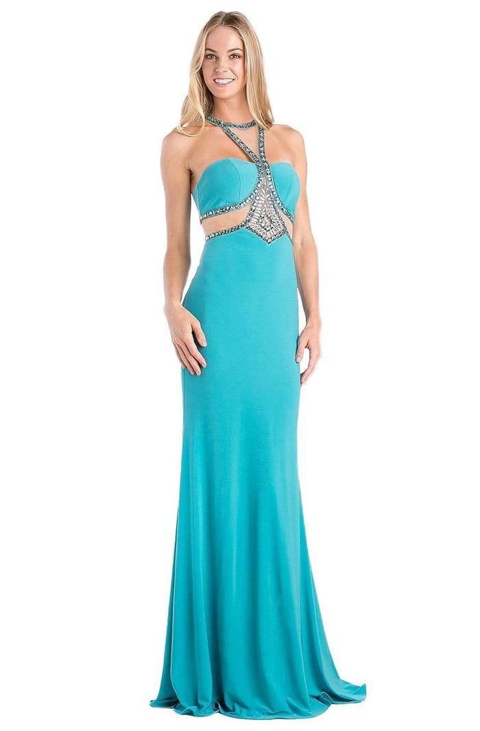 Cinderella Divine - CP812 Jeweled Sheer Midriff Sheath Gown Evening Dresses 2 / Jade