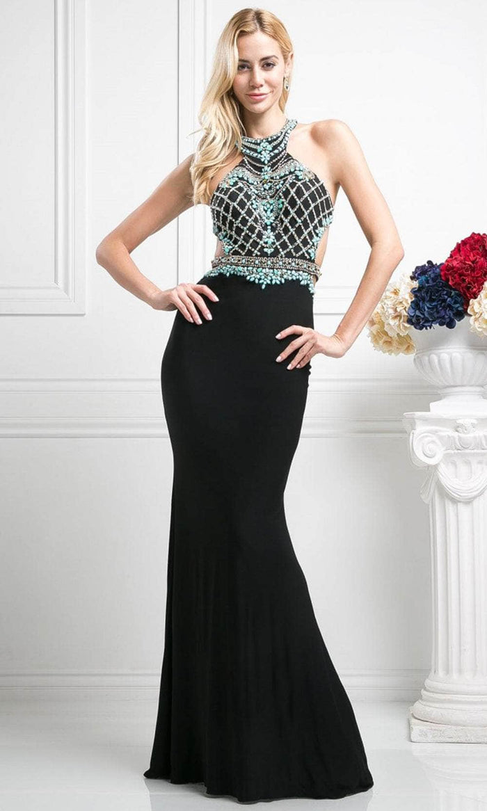 Cinderella Divine CR733 - Beaded Open Back Trumpet Gown Special Occasion Dress 6 / Black