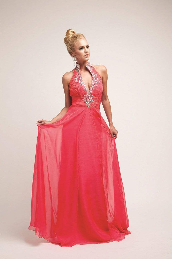 Cinderella Divine - Crystal Embellished Ruched High Neck Evening Dress Special Occasion Dress 2 / Watermelon