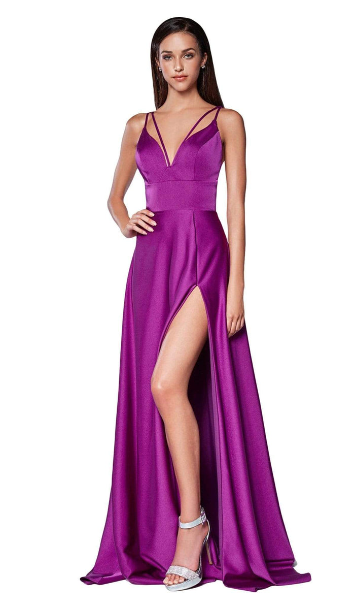 Cinderella Divine - CS034 Plunging V-neck A-line Gown With Train Bridesmaid Dresses 2 / Orchid