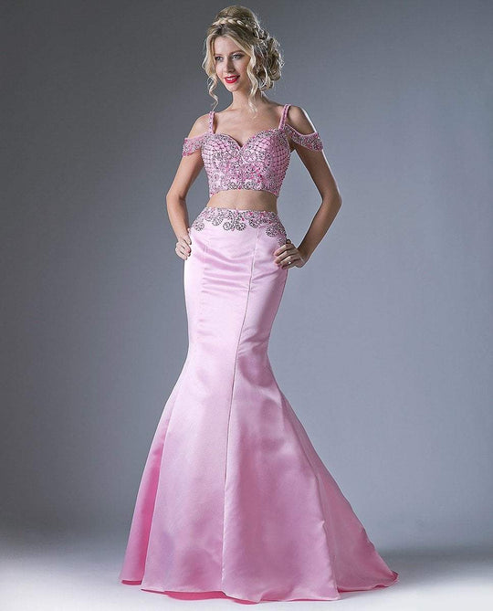 Cinderella Divine Draped Sleeve Two-Piece Ornate Mermaid Gown P209 - 1 pc Pink In Size 2 Available CCSALE 2 / Pink