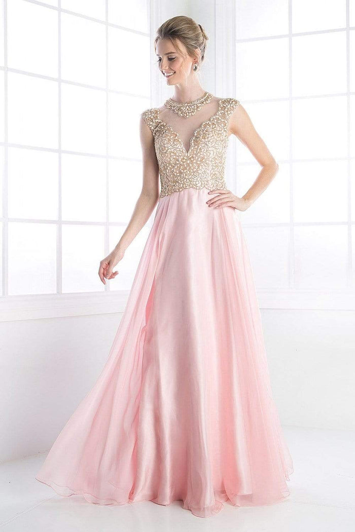 Cinderella Divine - Embellished Illusion Jewel Neck A-line Gown Special Occasion Dress 2 / Blush