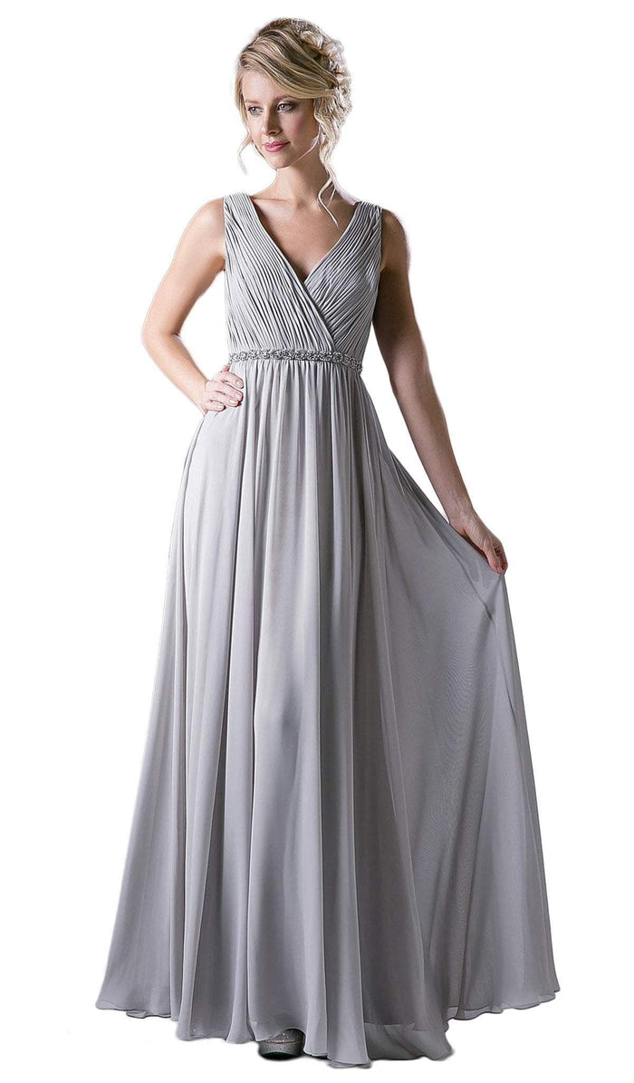 Cinderella Divine - Embellished Surplice Pleated V-neck A-line Dress Special Occasion Dress XS / Silver