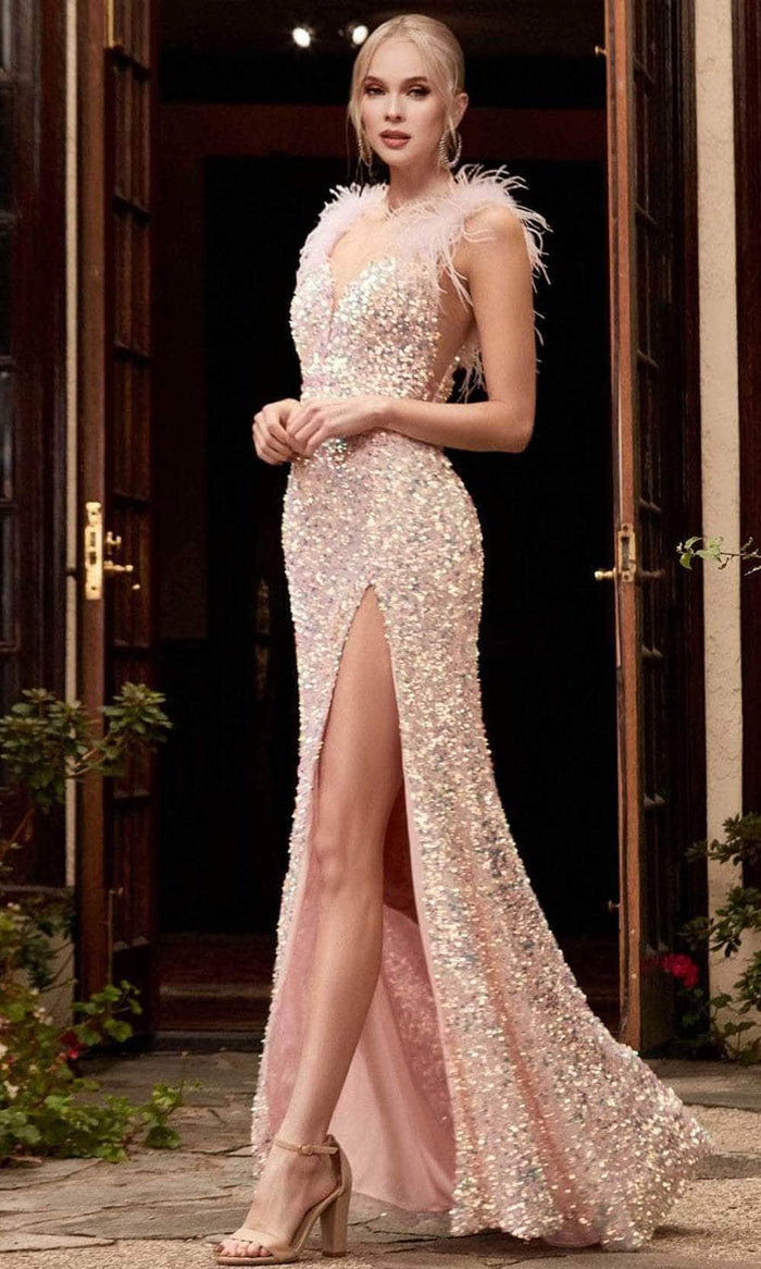 Cinderella Divine - Feathered Sequin Long Gown CD248 - 1 pc Blush In Size 6 Available CCSALE 6 / Blush