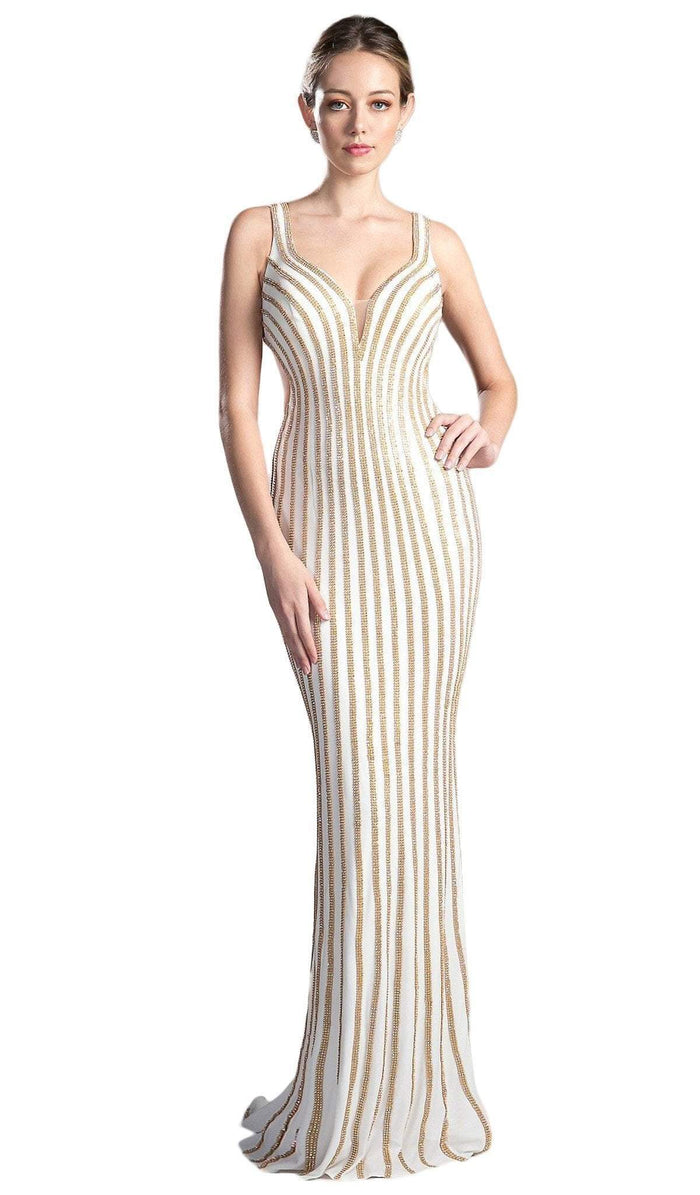 Cinderella Divine - Gold Beaded V-neck Sheath Prom Dress Special Occasion Dress 2 / Cream Gold