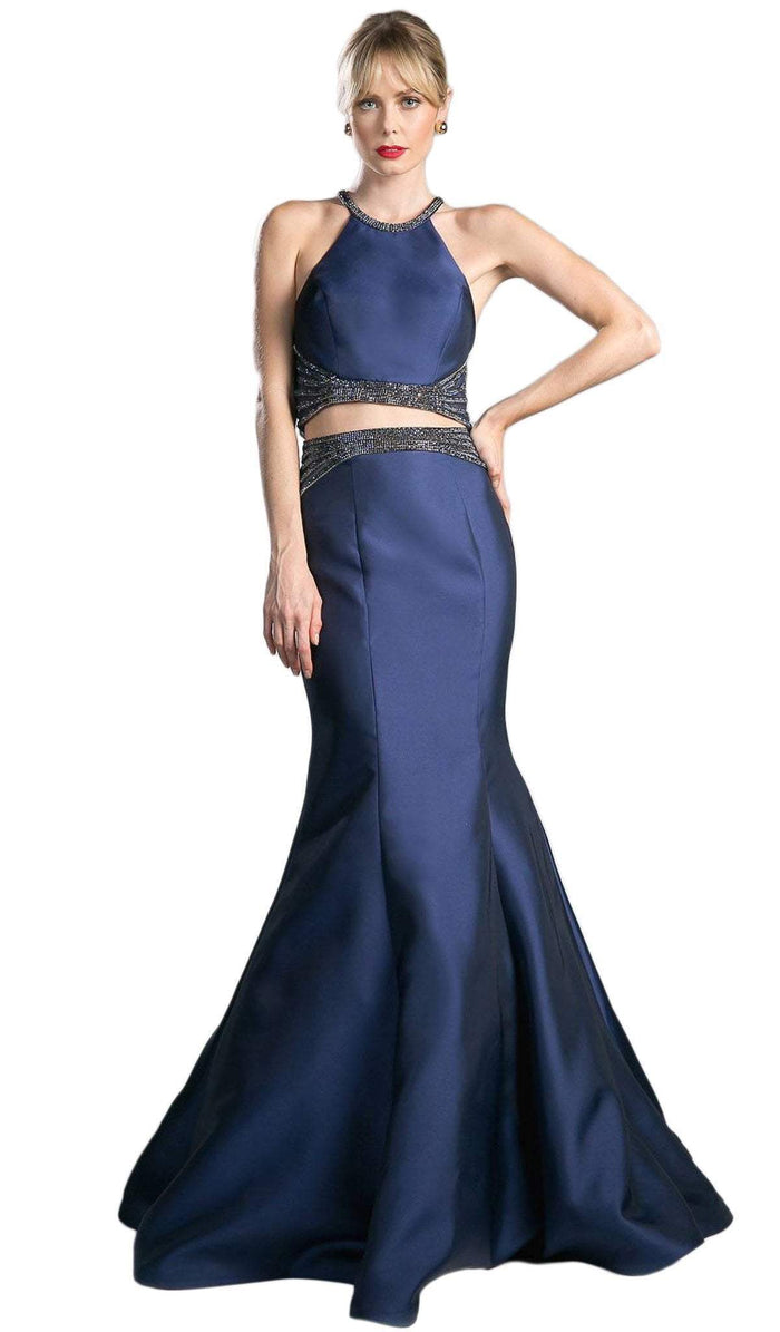 Cinderella Divine - Halter Neck Beaded Two-Piece Mermaid Evening Gown Special Occasion Dress 2 / Navy