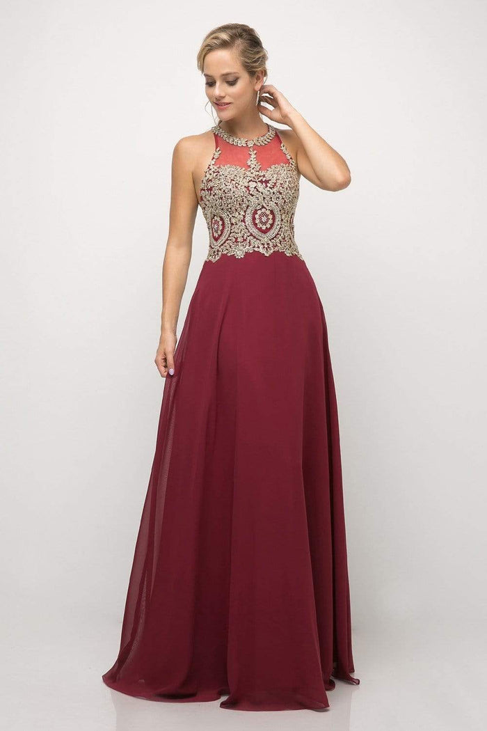 Cinderella Divine - Illusion Jewel Tonal Appliqued Long Evening Gown Prom Dresses XXS / Burgundy-Gold
