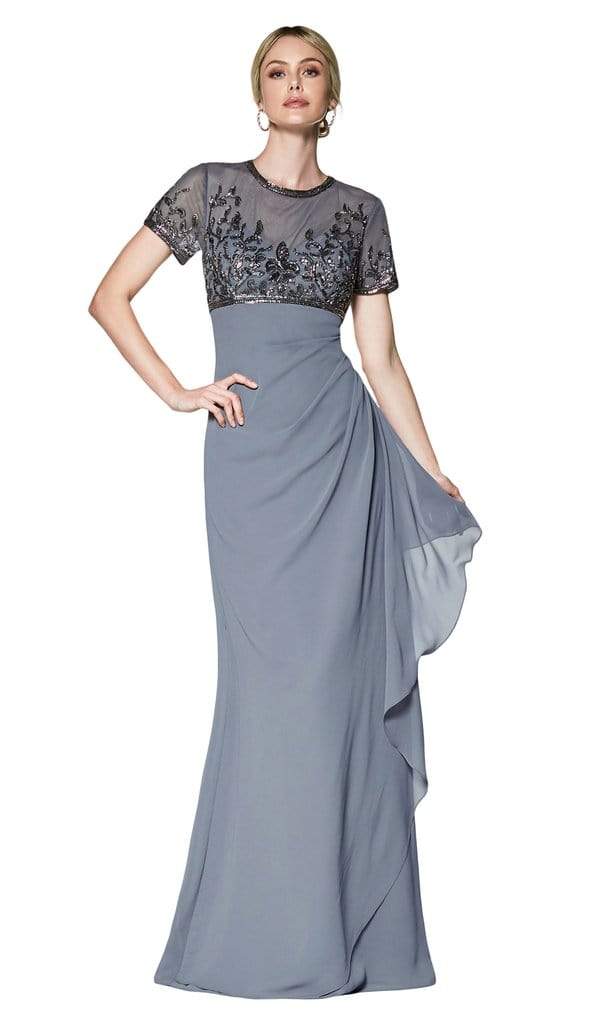 Cinderella Divine - J0295 Vine Embroidered Sheer Short Sleeve Drape Ruffle Dress - 1 pc Gray In Size 8 Available CCSALE 8 / Gray