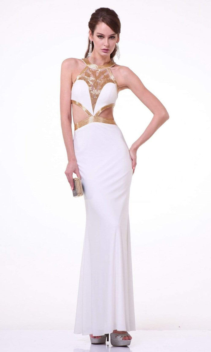 Cinderella Divine - J735 Sheer Beaded Halter Midriff Cutout Dress Evening Dresses 2 / Off White
