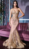 metallic lace long mermaid prom dress j810 Sheer-Waist Long Metallic Lace Prom Dress