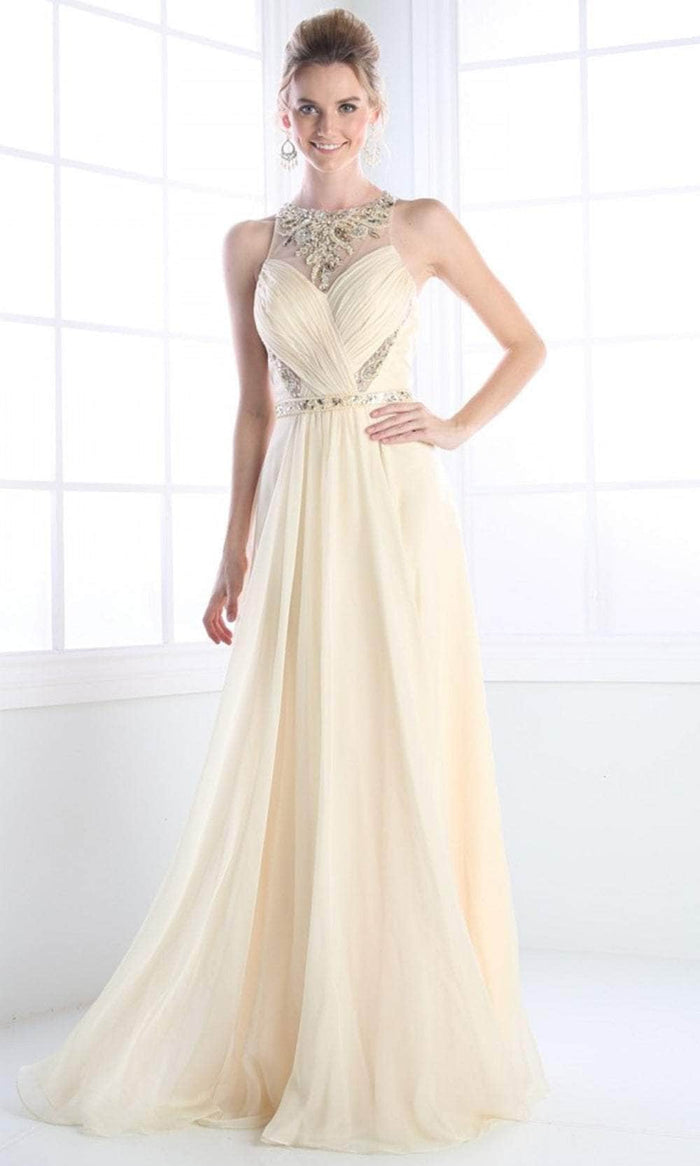 Cinderella Divine JC3373 - Crystal Embellished Pleated Long Dress Special Occasion Dress 4 / Champagne