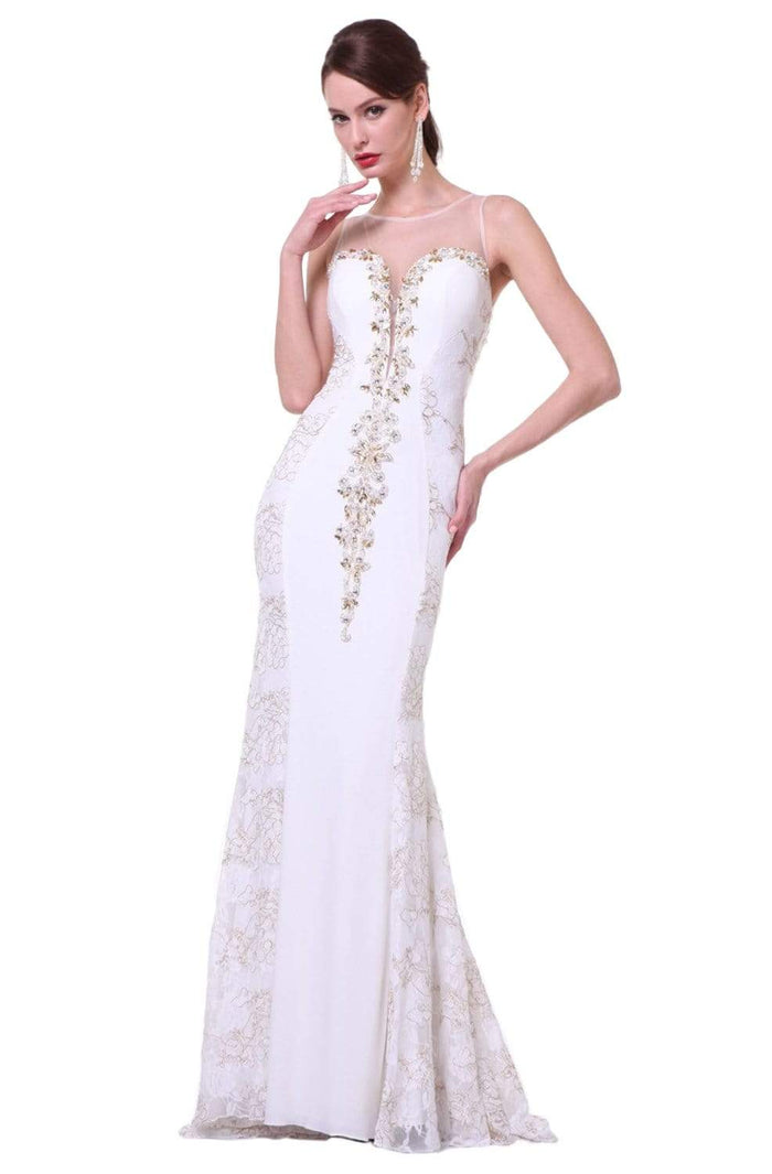 Cinderella Divine - JC4101 Embellished Illusion Sheath Dress Evening Dresses 2 / Cream