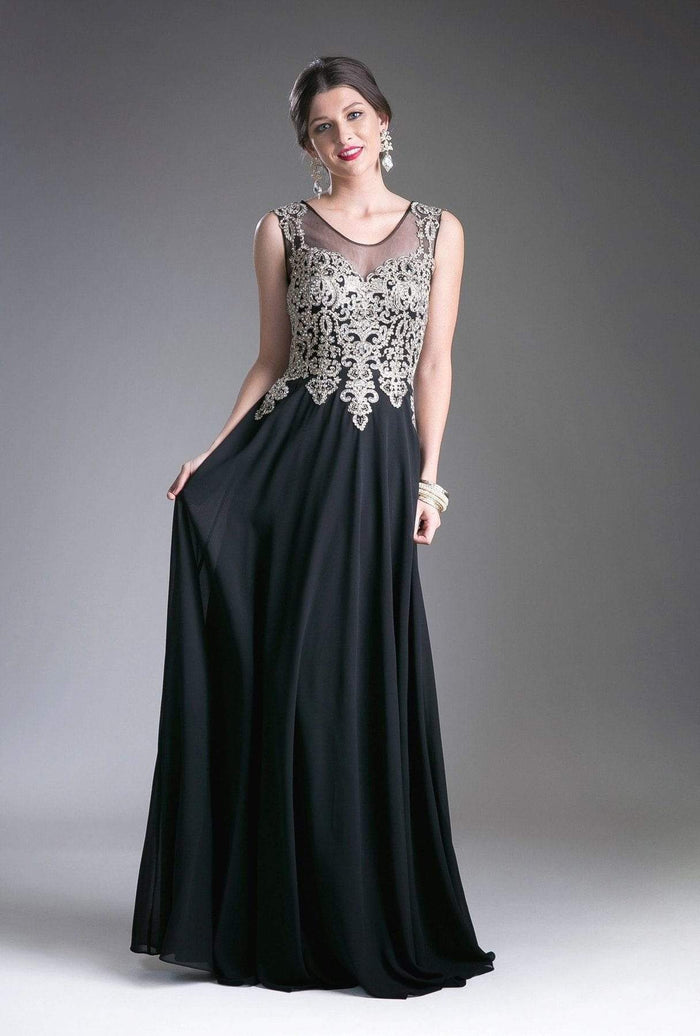 Cinderella Divine - Jeweled Metallic Lace Illusion A-Line Evening Gown Special Occasion Dress XS / Black