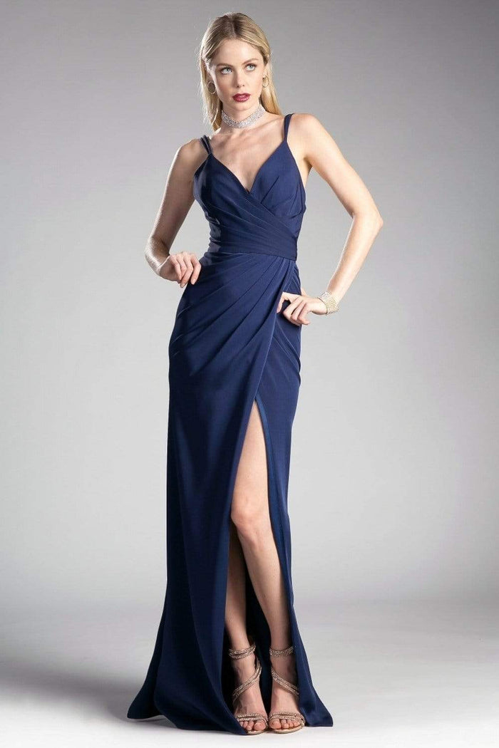 Cinderella Divine - KC1850 Sleeveless Wrap Bodice Drape-Detailed Gown Evening Dresses 2 / Navy