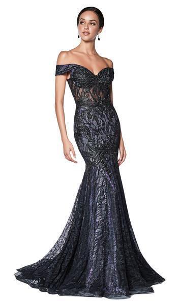 Cinderella Divine - KC874 Beaded Lace Off-Shoulder Trumpet Silhouette Evening Gown - 1 pc Black-Lilac in Size 6 Available CCSALE 10 / Black-Lilac