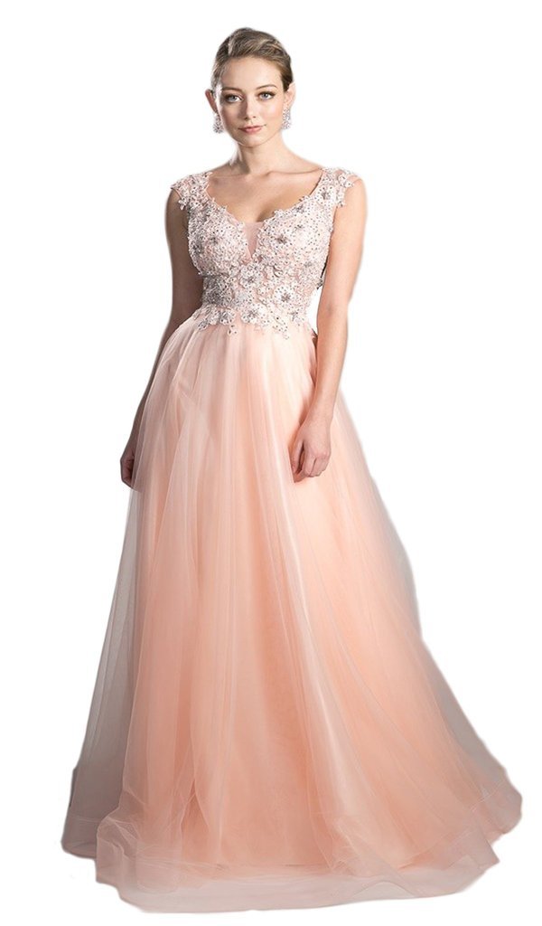 Cinderella Divine KV1015 Embellished Scoop Neck A-line Dress CCSALE 12 / Peach