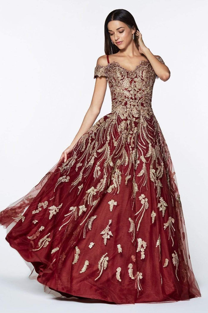 Cinderella Divine - KV1034 Beaded Lace Sweetheart Ballgown Prom Dresses 2 / Burgundy-Gold