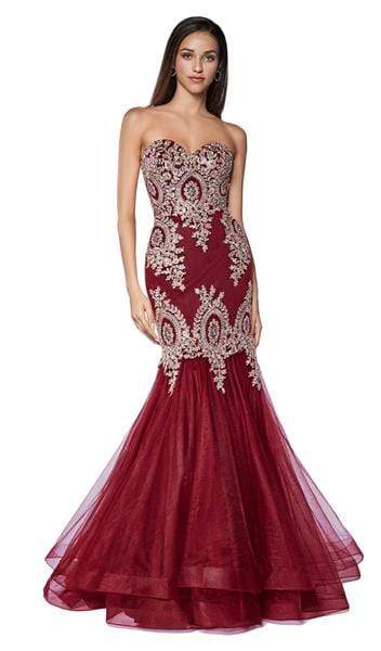 Cinderella Divine - Lace Appliqued Mermaid Gown 9179 - 1 pc Burgundy-Gold In Size S Available CCSALE S / Burgundy-Gold