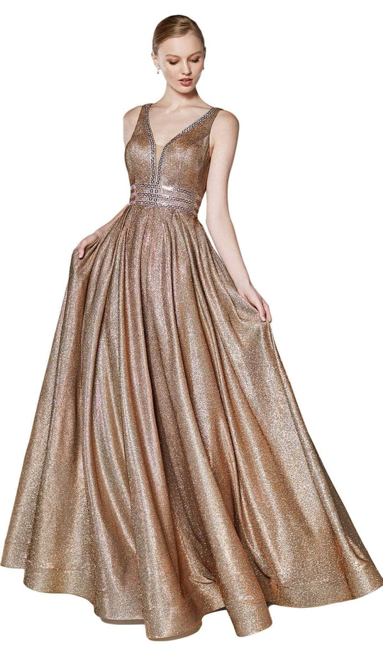 Cinderella Divine - Metallic Plunging V-Neck Evening Gown CJ505 - 1 pc Copper In Size 10 Available CCSALE 10 / Copper
