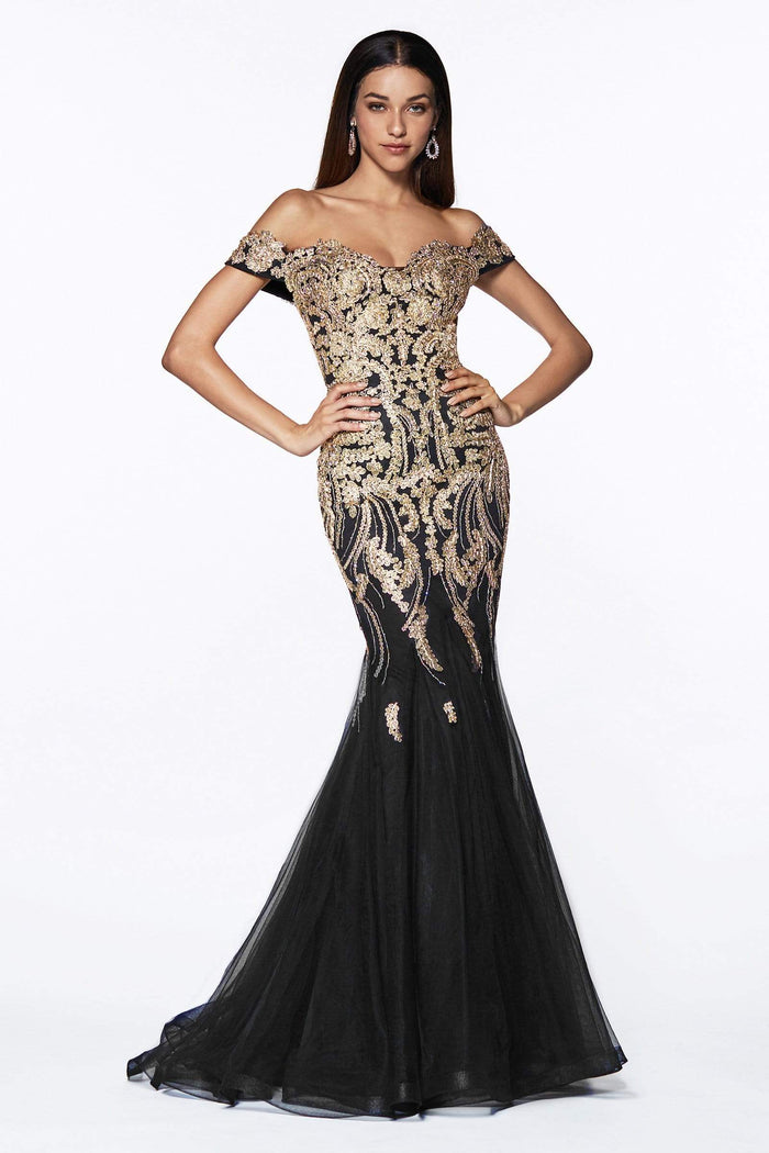 Cinderella Divine - Off Shoulder Beaded Lace Tulle Mermaid Gown KV1035 CCSALE 16 / Black/Gold