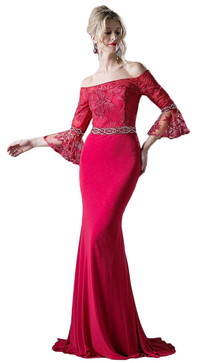 Cinderella Divine - Off-Shoulder Flounce Fitted Gown Special Occasion Dress 2 / Burgundy