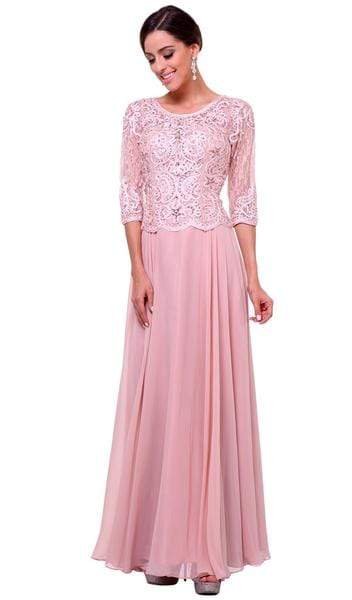 Cinderella Divine - Quarter Sleeve Soutache Bodice A-Line Long Formal Dress 14327 CCSALE M / Blush