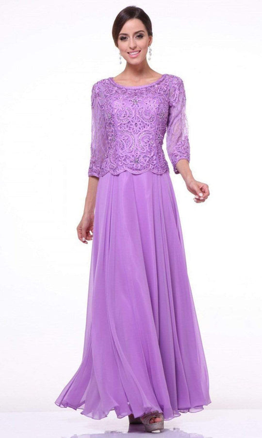 Cinderella Divine - Quarter Sleeve Soutache Bodice A-Line Long Formal Dress 14327 CCSALE 3X / Lilac