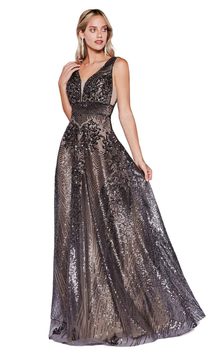 Cinderella Divine - Sequined Deep V-neck A-line Gown CD09 - 1 pc Dark Silver In Size 6 Available CCSALE 4 / Dark Silver